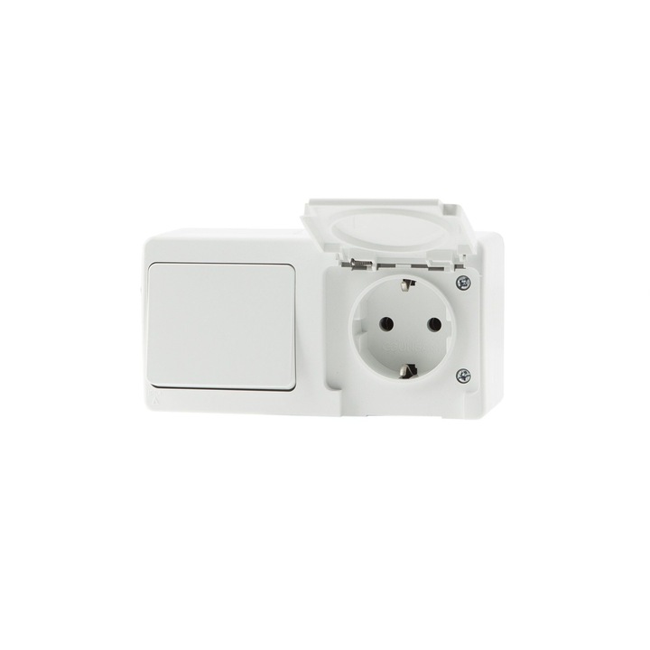 Intrerupator simplu si priza schuko simpla Gunsan Nemliyer, etans, montaj aplicat, exterior, IP54, alb