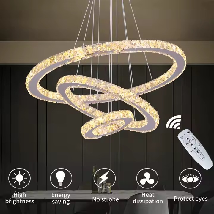 Greelustr Candelabru led HQ-246-W, candelabru modern de sufragerie din cristal cu 3 setari lumini, pandantiv nordic, 3 segmente cerc