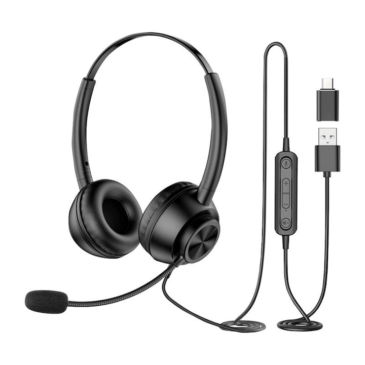 Új Bee H368 PC headset mikrofonnal, 40mm, fekete, USB-A-USB-C adapterrel szett