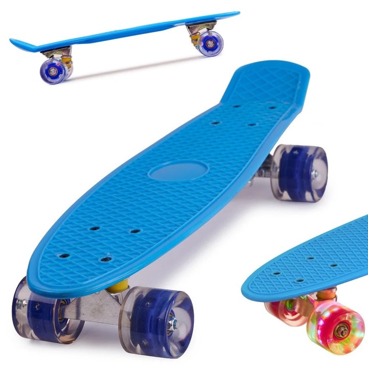 Скейтборд Penny Board за деца, Гумени колела, LED светлини, Син цвят