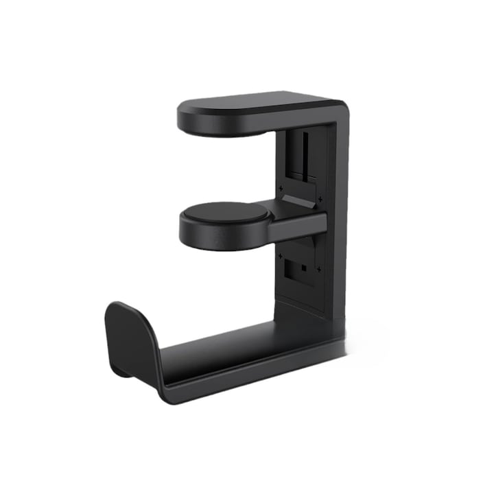 Suport rotativ pentru casti, carlig pentru agatat casti sub birou, Rotire 360 de grade si loc pentru cablu, Negru