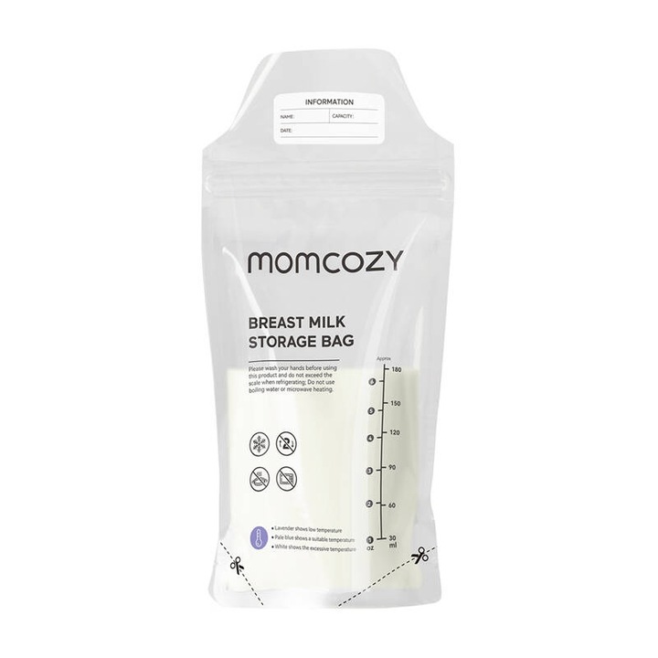 Set 120 pungi pentru pastrarea laptelui matern Momcozy, 180 ml, polietilena, fara BPA, cu indicator de temperatura