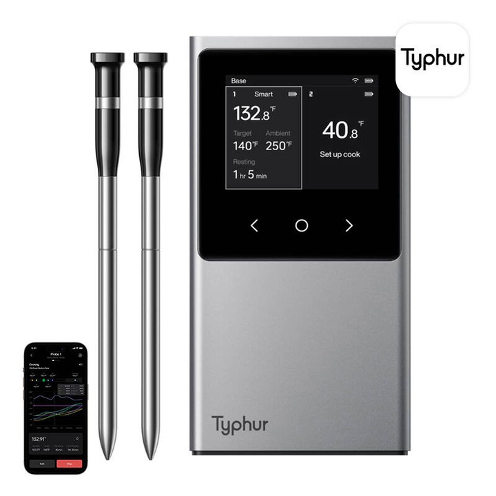 Безжичен термометър, Typhur, Sync Dual, 2 сонди, 6 сензора, неръждаема стомана, черен/сребрист