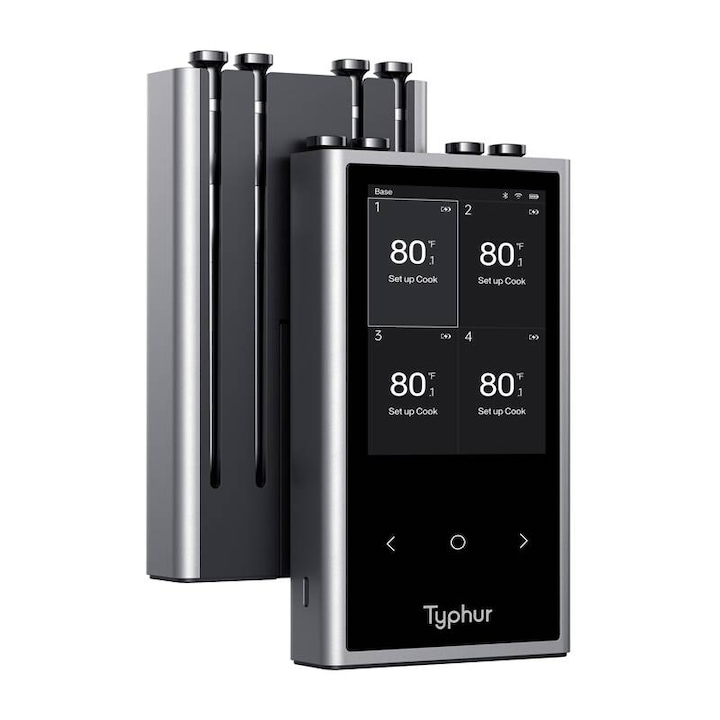 Безжичен термометър, Typhur, Sync Quad, 4 сонди, Bluetooth 5.3, IPX8, 5,03" x 0,19", черен