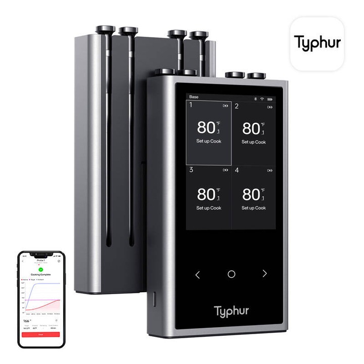 Безжичен термометър Typhur Sync Quad, 4 сонди, Bluetooth 5.3, IPX8, 5.03"x0.19"