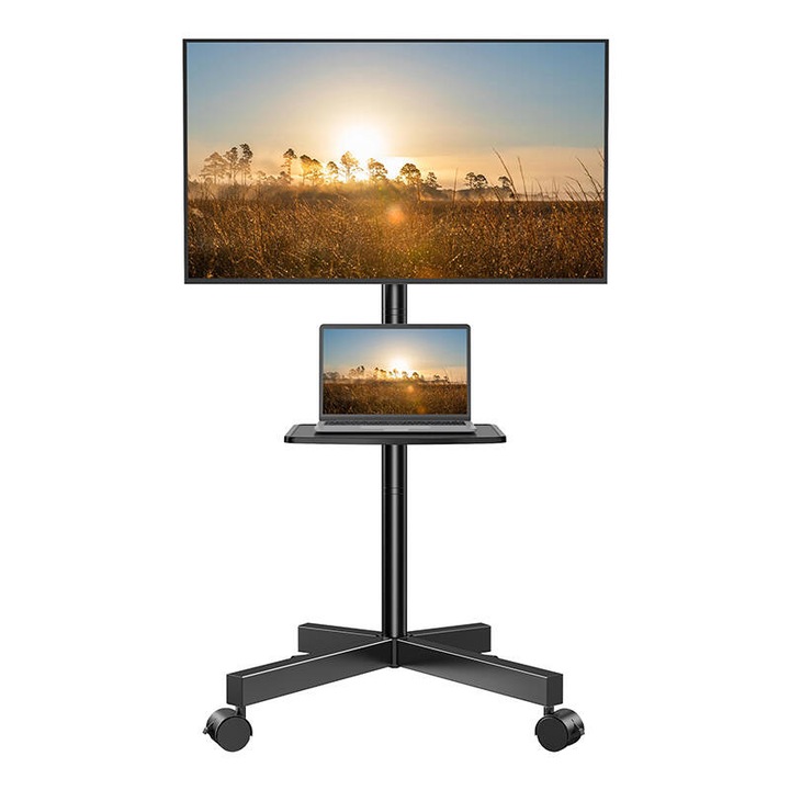 Стойка за телевизор Perlesmith PSTVMC06, Мобилна, 23-60", 39,9 кг, височина 137,4 см, регулиране на ъгъла +/-15°