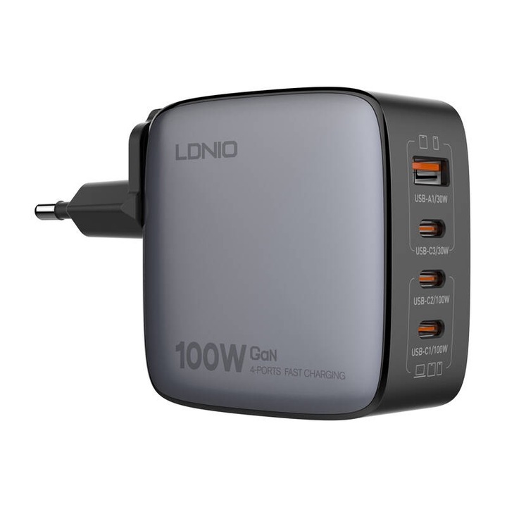 Fali töltő, 100 W, LDNIO, Q408, 1x USB-A/3x USB-C, fekete