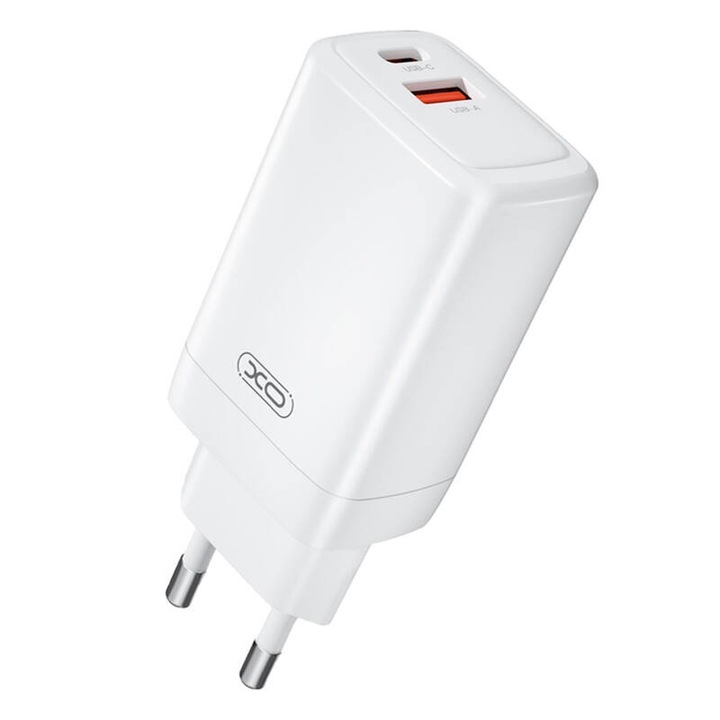 Мрежово зарядно XO CE17, 65W, 1x USB-C, 1x USB-A, бяло, 100x41x29mm