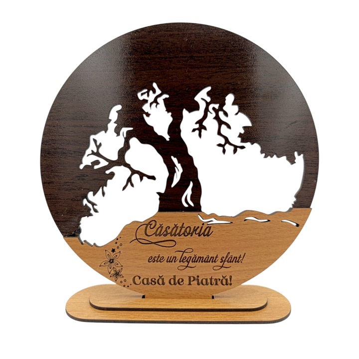 Decoratiuni blank inima copacul vietii, personalizat pentru "Casatorie", baza cu suport din lemn, maro, 20cm