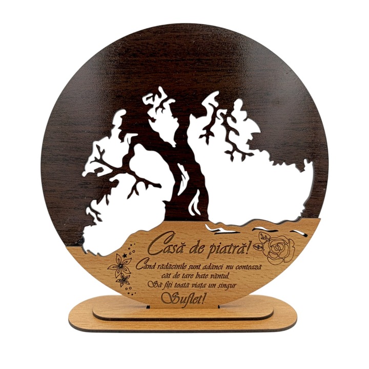 Decoratiuni blank inima copacul vietii, personalizat "Casa de Piatra", model 2, baza cu suport din lemn, maro, 20cm