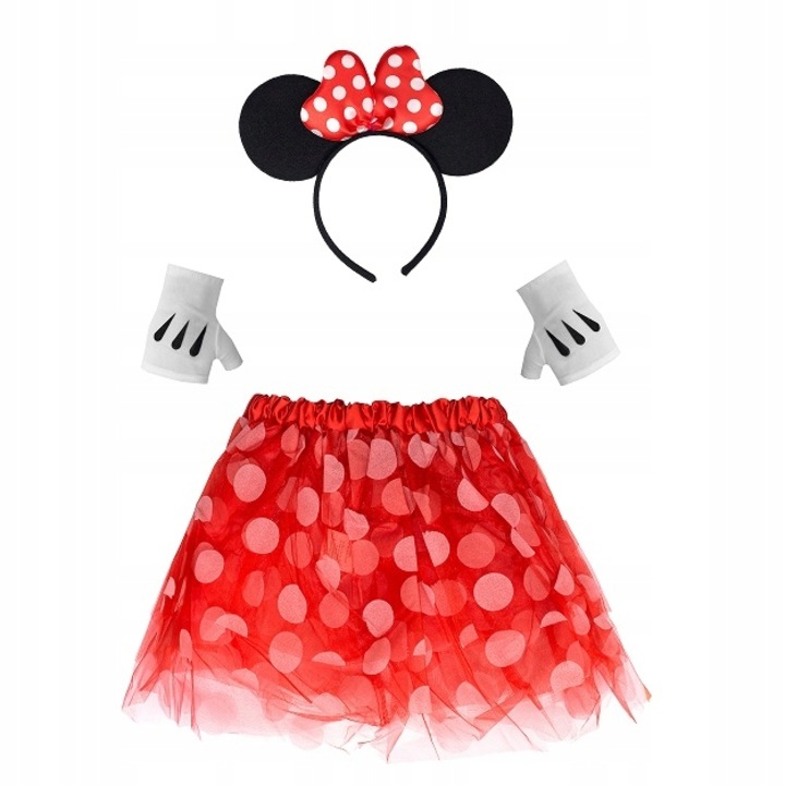 Costum pentru fetite, KRASZEK, Minnie Mouse, fusta din tul, bentita cu urechi, manusi, 23x28cm, rosu/negru