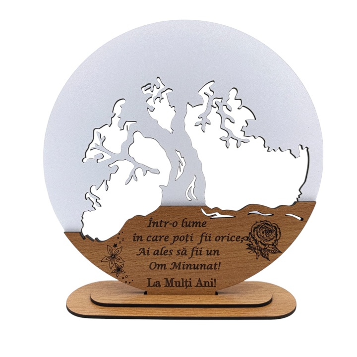 Decoratiuni blank inima copacul vietii, personalizat "Om Minunat", baza cu suport din lemn, alb, 20cm