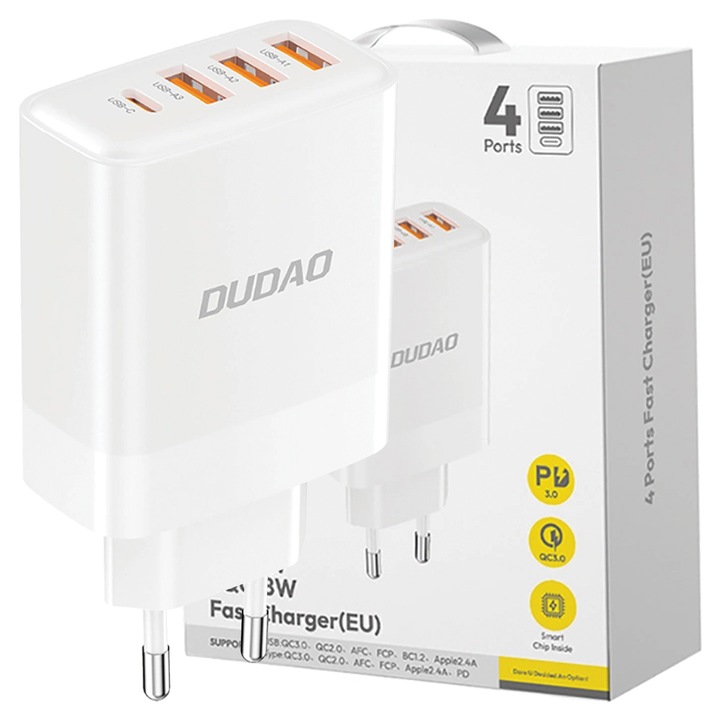 Hálózati töltő, Dudao A5HEU, 3x USB-A, 1x USB-C, 20W, fehér