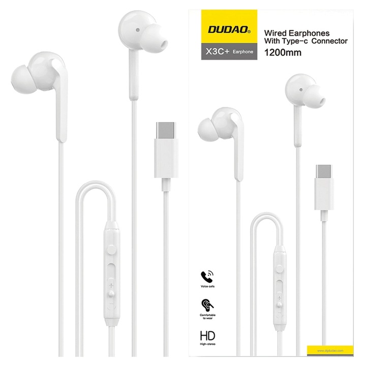 Dudao X3C+ vezetékes fejhallgató, USB-C, 1,2 m, fehér, tiszta hangzás, ergonomikus kialakítás