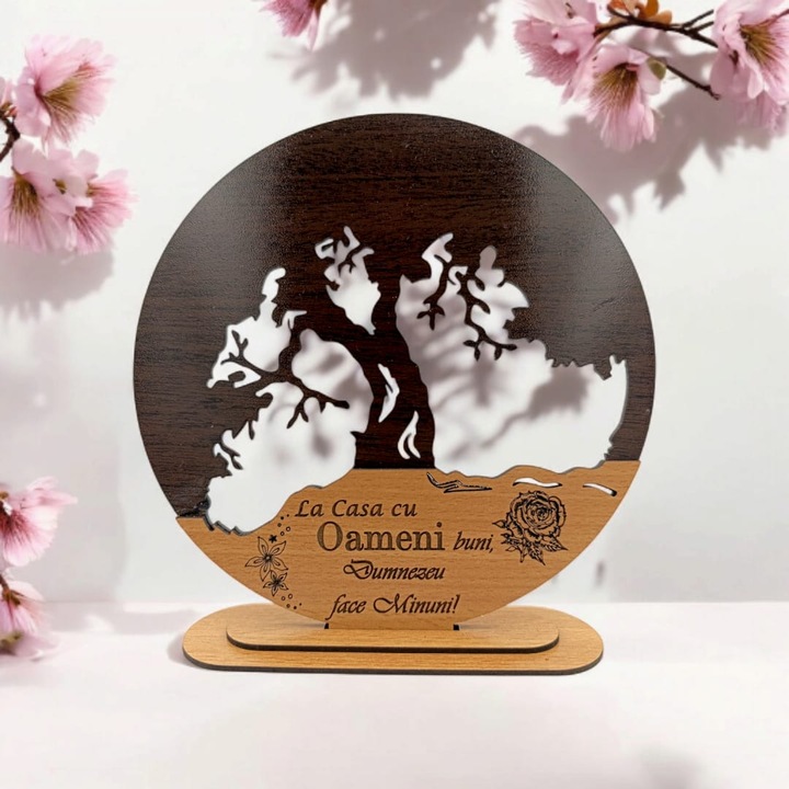 Decoratiune blank inima copacul vietii, personalizat "La casa cu Oameni Buni...", baza cu suport din lemn, maro, 25cm