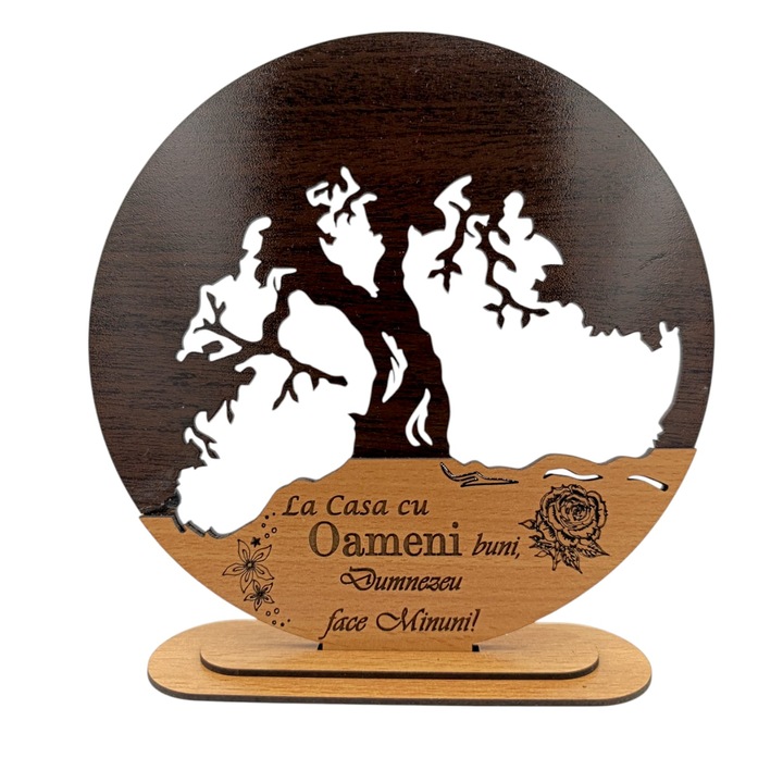Decoratiune blank inima copacul vietii, personalizat "La casa cu Oameni Buni...", baza cu suport din lemn, maro, 25cm