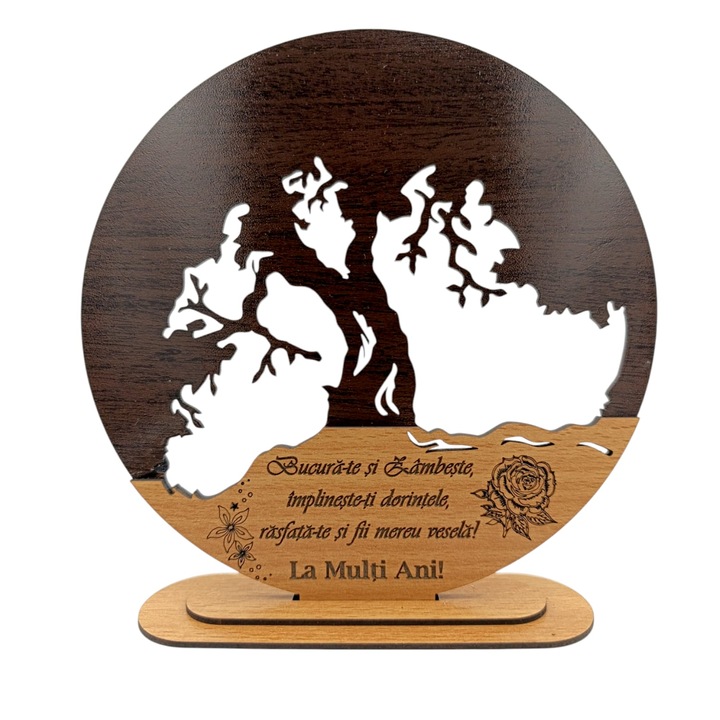 Decoratiuni blank inima copacul vietii, personalizat "Bucura-te si Zambeste...", baza cu suport din lemn, maro, 20cm