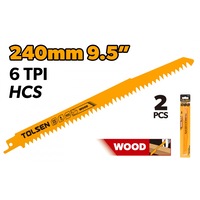 Set 2 lame fierastrau sabie pentru lemn TOLSEN HCS 240mm lungime, 6 TPI, latime 19mm, grosime 1.3mm, dinti frezati, tratament termic complet, ideale taiere rapida in lemn masiv si scanduri groase, uz profesional si hobby, aprobat CE