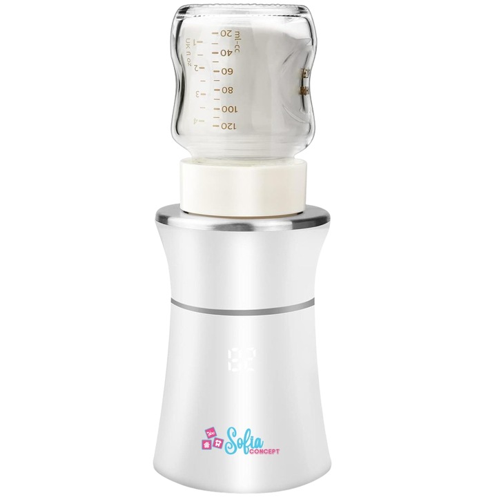 Incalzitor Portabil pentru Biberon, Sofia CONCEPT®, Pentru Lapte sau Apa, Fara Fir, Electric, 5 Adaptoare pentru Biberoane Incluse, 4 Trepte de Temperatura, Mentinere Temperatura Constanta, Afisaj Digital, Baterie 8800 mAh, Incarcare USB-C, Alb