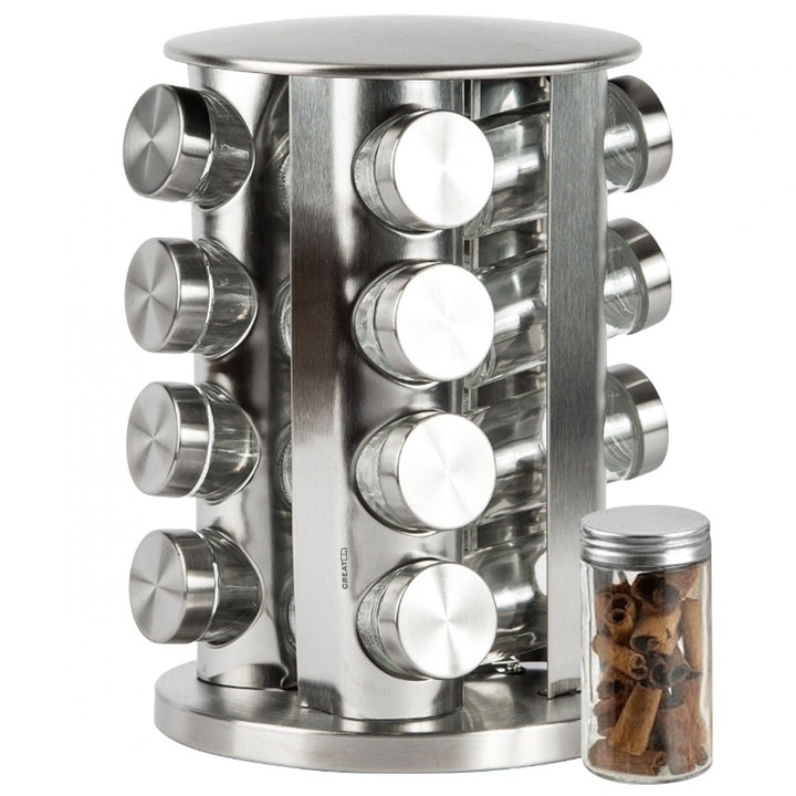 Set 16 Recipiente GREATON Din Sticla Pentru Condimente, Organizator Metalic Bucatarie, Rotativ, Usor De Depozitat, Argintiu
