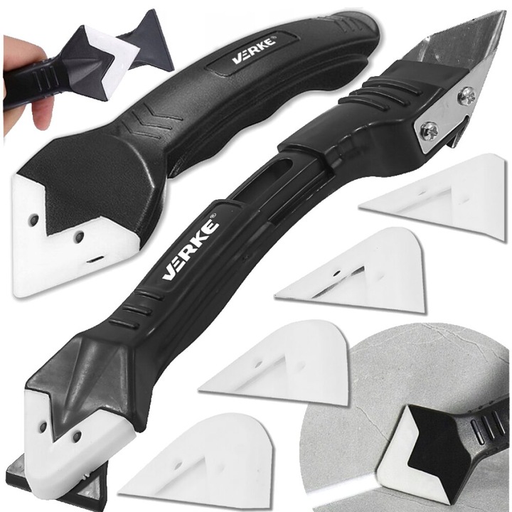 Set aplicator si razuitor silicon pentru bucatarie, baie, podea, ferestre, 4 capete incluse, negru, Verke