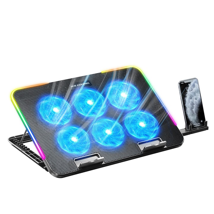 Cooler laptop Gaming RGB, DicBoster®, Cu 6 ventilatoare si suport telefon, Dual USB, Iluminare reglabila si viteza a vantului, 360x255x27mm, Negru
