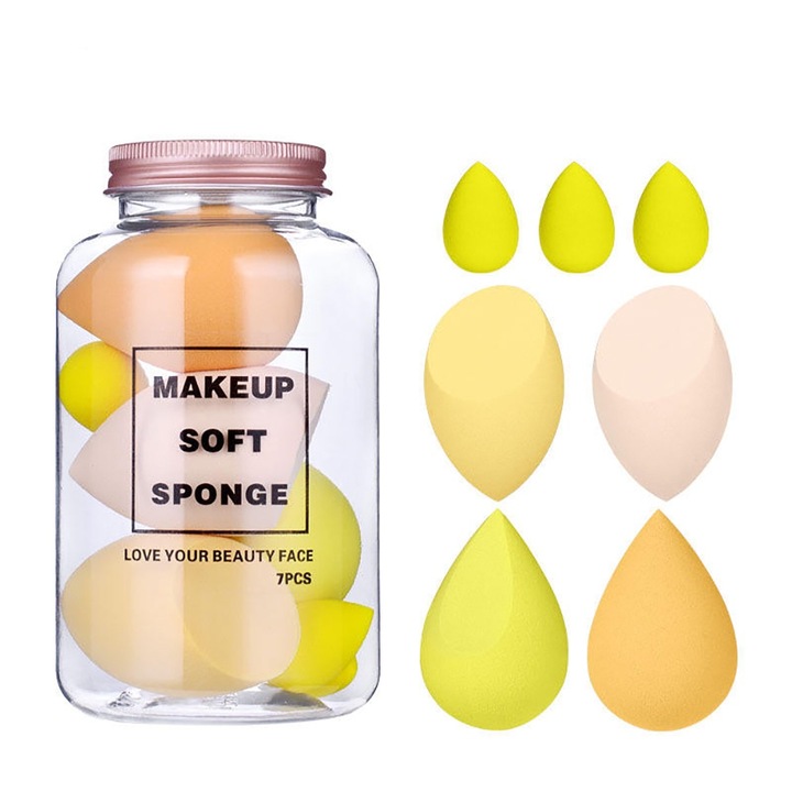 Set 7 Buretei de Machiaj BeautyPerfection Kit, de tip Beauty Blender, Material Moale, Usor de Curatat, Multifunctionali, Forma de Lacrima, Prietenos cu Pielea, Dimensiune Compacta, Aplicarea Fondului de Ten fara Pete, Galben