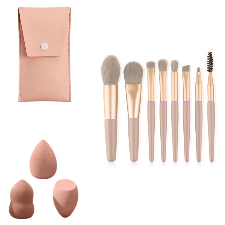 Set Buretei si Pensule Machiaj BlendPerfect & Glow Kit, Material Moale, Usor de Curatat, Multifunctional, Travel Size, Aplicare Fara Pete, Maner din Lemn, Diferite Forme, Portabile, Dimensiune Compacta, Usor de Utilizat, Husa din Piele Ecologica, Crem