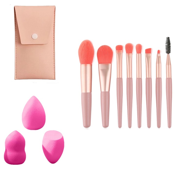 Set Buretei si Pensule Machiaj BlendPerfect & Glow Kit, Material Moale, Usor de Curatat, Multifunctional, Travel Size, Aplicare Fara Pete, Maner din Lemn, Diferite Forme, Portabile, Dimensiune Compacta, Usor de Utilizat, Husa din Piele Ecologica, Roz