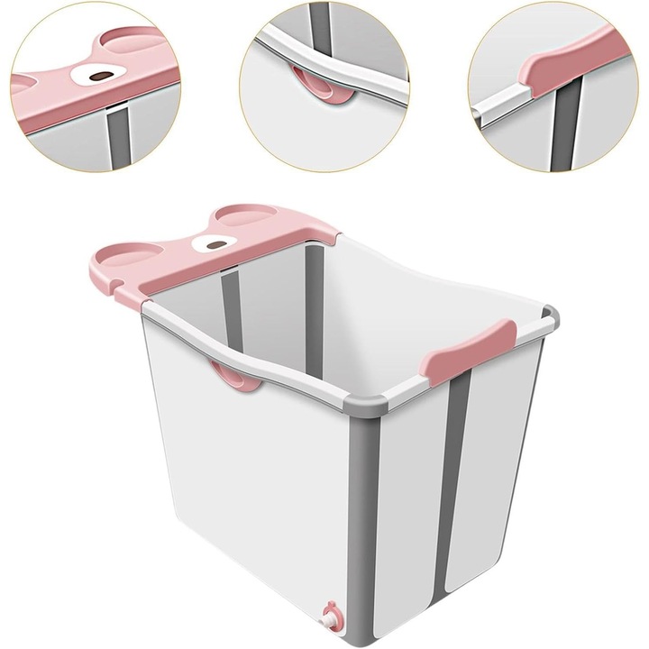 Cada de Baie Pliabila cu picioare, dop scurgere, + 6 luni, PE + TPE, 82 cm x 50 cm x 54 cm, Model Ursulet, Roz deschis