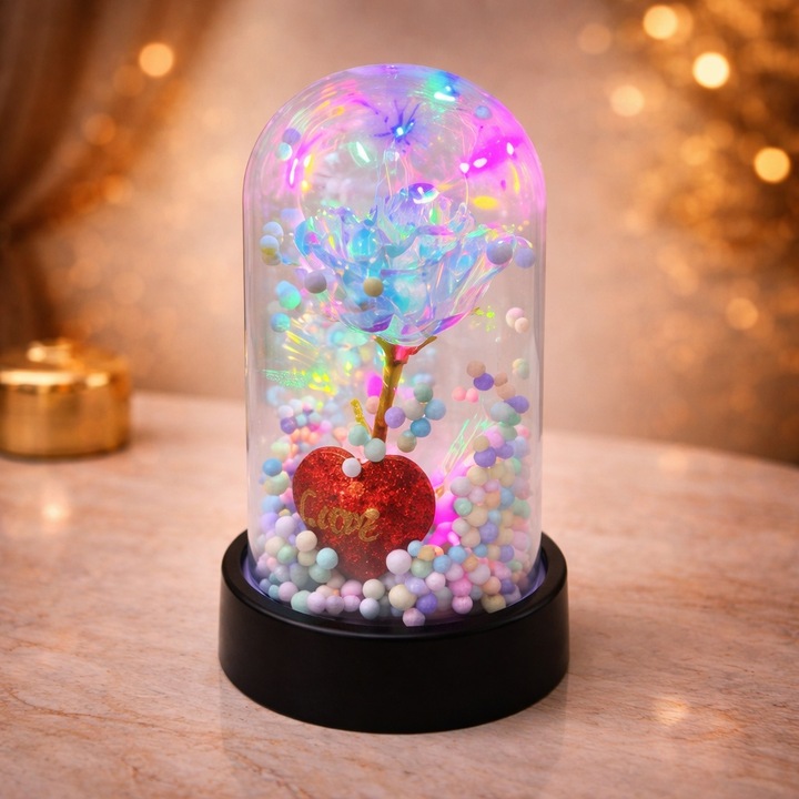 Trandafir transparent Bubble Tea in Love in Cupola Sticla, cu LED si elemente Valentine's Day in cutie eleganta, Argintiu, Velve