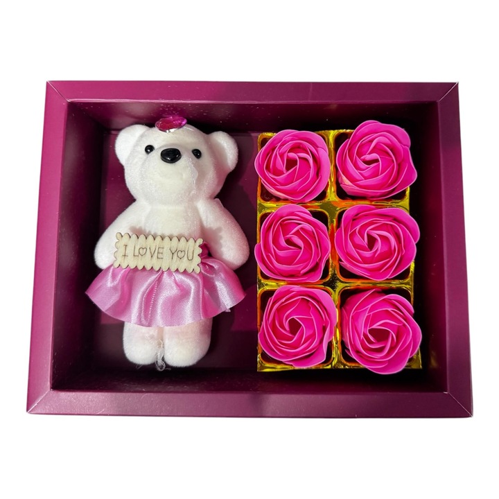 Cutie cu trandafiri din sapun si ursulet, cutie 18x14cm. culoare roz deschis