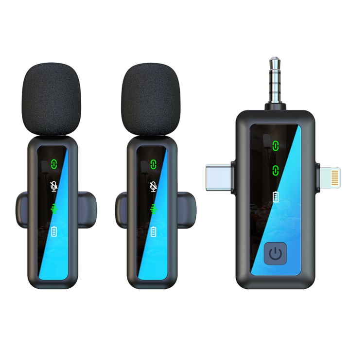 Комплект от 2 безжични микрофона Lavalier, Fantasy, USB-C, жак 3,5 mm, 2,4 GHz, чист звук, компактен дизайн