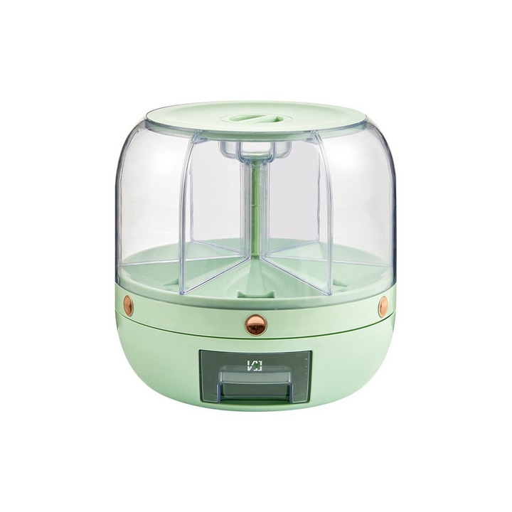 Dozator de Cereale, Comando Home, Compartimentare pe 6 Sectiuni Rotative la 360°, Inchidere Etansa, Rezistent la Umiditate, Capacitate 6L, Verde deschis