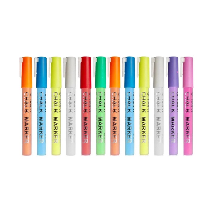 Set 12 Markere cu Vopsea de tip Creta Lichida - Culori Neon pentru Mesaje si Desene Creative pe Diverse Suprafete