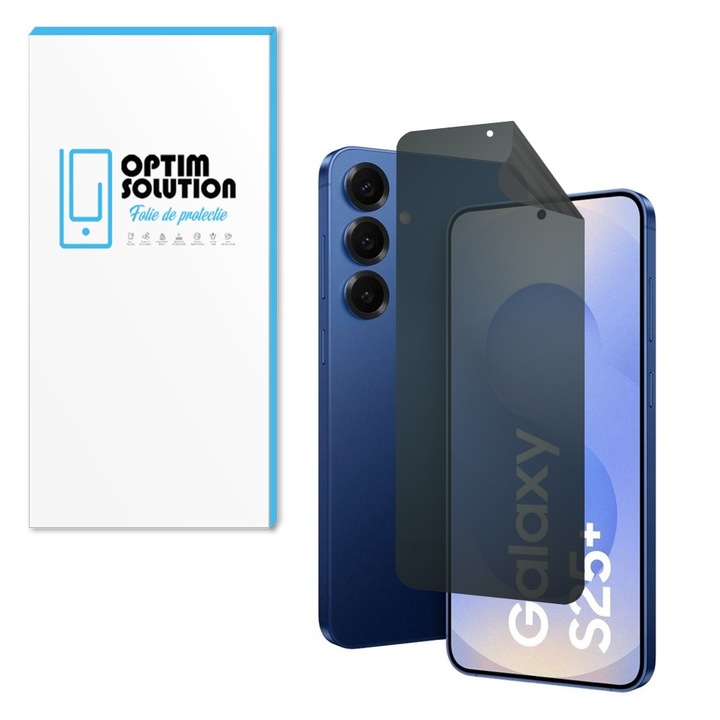 Folie Hydrogel PRIVACY Regenerabil pentru Samsung Galaxy S25 Plus, OPTIM SOLUTION, S25+, Anti-Spy, High Sensitivity, UHD Clarity, Shock Absorption, Flexible Hydro-Crystal, Increased Intimacy, Elite Class Protection, Oleophobic Function, Negru