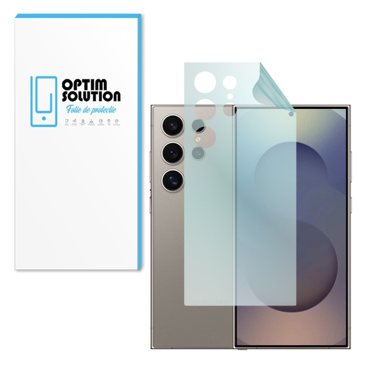 Regenerálható hidrogél hátfólia Samsung Galaxy S25 Ultra készülékhez, Optim Solution, Nagy érzékenység, UHD tisztaság, ütéselnyelés, rugalmas hidrokristály, szilikon összetételű ultrasafe membrán, elit osztályú védelem, átlátszó