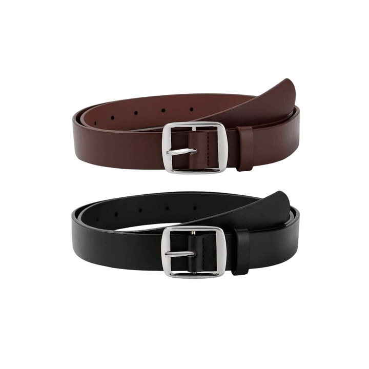 2 db férfi öv készlet, fekete és barna, PU bőr, alkalmi, dekoratív négyzet alakú csattal
