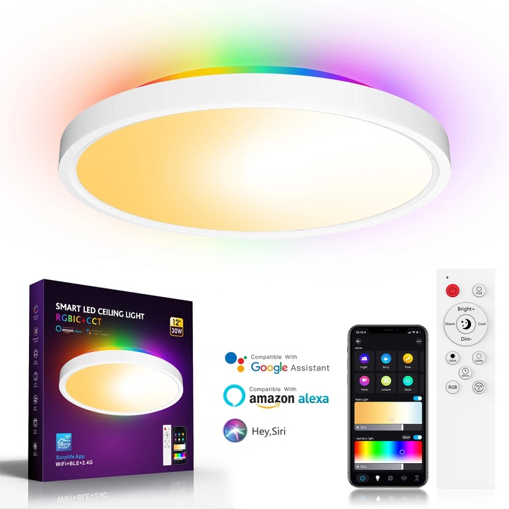 Plafoniera LED RGB Inteligenta WIFI+Bluetooth, ANDROTEK®2600lm, 30W, control telecomanda, control vocal Alexa si Asistent Google, Aplicatie Surplife, Lumina Ajustabila alba rece/calda si colorata, 30cm, Mod Muzica, Alba
