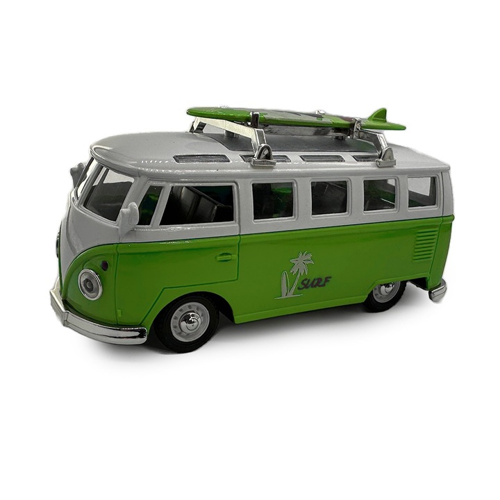 Retro fémmodell, Volkswagen T1 lakóautó Surf/Hippi, Zöld, méretarány 1:36, Fények, Hangok, Hátrahúzás, Ajtók nyitása, 14 cm, VisionXXI