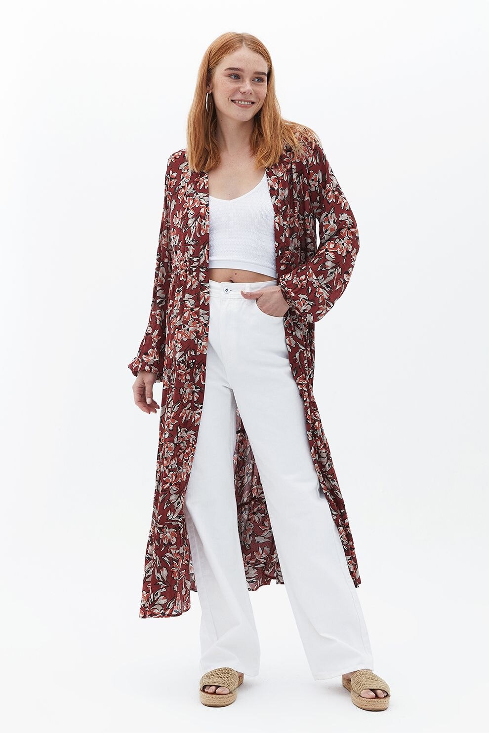 OXXO, Rochie midi lejera cu model floral, Maro cognac, XS