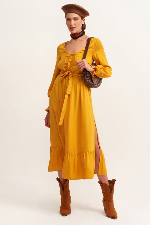 OXXO, Rochie midi cu slituri laterale, Maro deschis