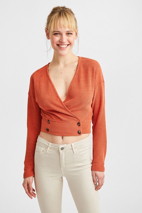 OXXO, Pulover crop cu decolteu in V, Portocaliu mandarina
