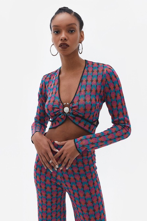 OXXO, Pulover crop cu model geometric, Portocaliu/Roz/Albastru, S