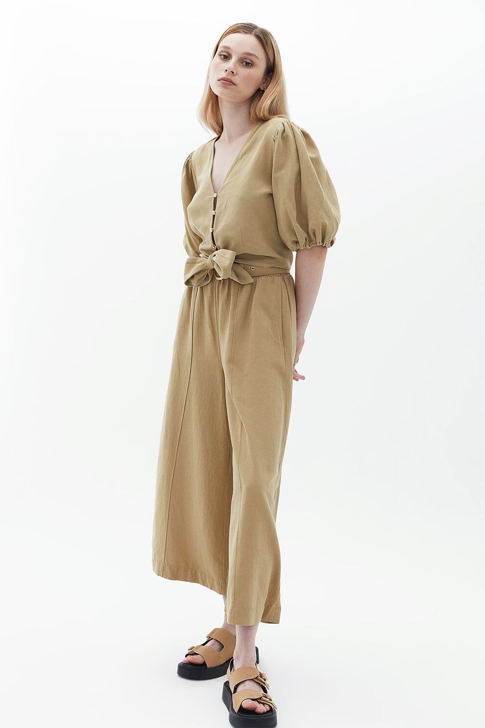 OXXO, Pantaloni crop cu croiala ampla, Bej, M