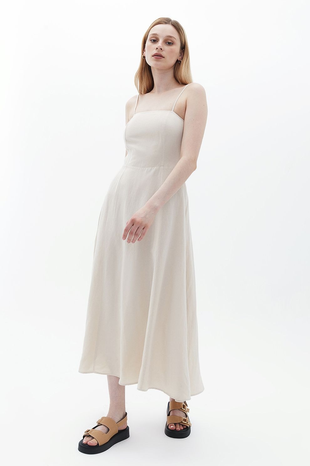 OXXO, Rochie din amestec de in cu segment transparent pe partea din spate, fara maneci, Crem, XL