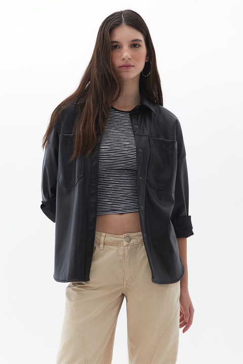 OXXO, Jacheta lejera din piele ecologica cu buzunare pe piept, Negru