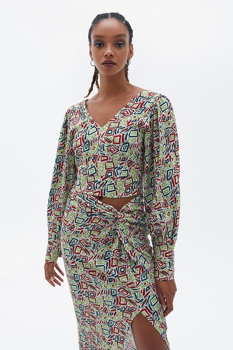 OXXO, Bluza crop cu model si decolteu in V, Albastru inchis/Rosu inchis/Verde fistic