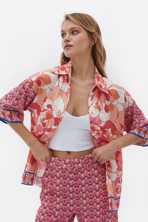 OXXO, Camasa din viscoza cu imprimeu floral, Roz pastel/Piersica/Alb murdar