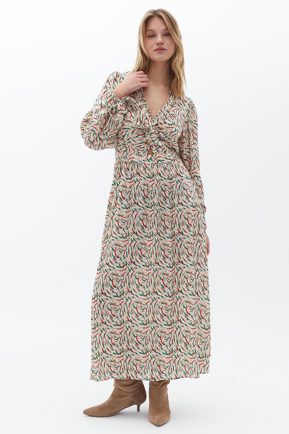 OXXO, Rochie cu imprimeu si decolteu in V, Rosu, Verde feriga, Crem, M